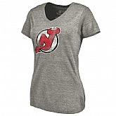 Women's New Jersey Devils Distressed Team Logo Tri Blend V Neck T-Shirt Ash FengYun